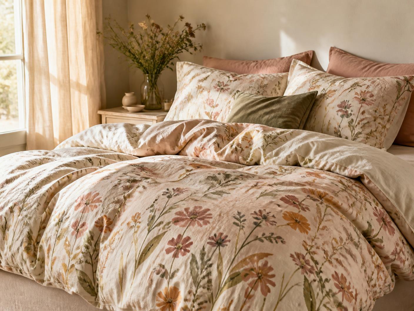 Bedding printed with a painterly wildflower meadow in blush, sage and ochre