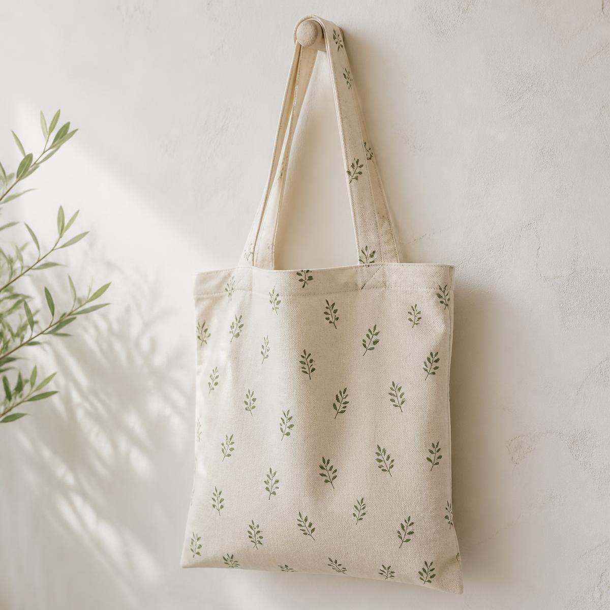 Natural canvas tote bag printed with a small sage leaf sprig ditsy
